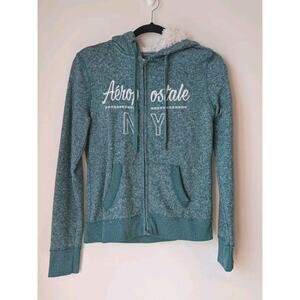 Aeropostale Women's Juniors Hoodie ZIP-UP Green/White Sherpa Lined Hood Sz S/P